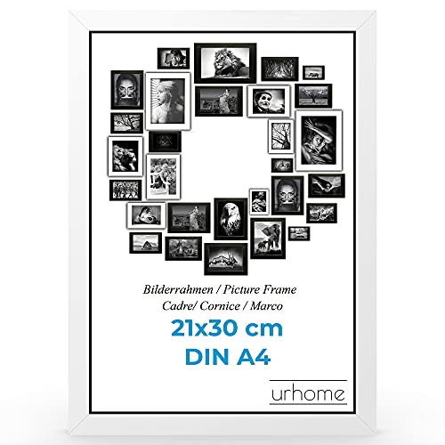 Urhome Bilderrahmen DIN A4 21 x 30 cm aus Abachi Holz Weiß mit Standfuß und Kunststoffscheibe - Ayous Fotorahmen für Bilder Kunstdrucke Fotos Gemälde Rahmen zum Aufstellen von Urhome