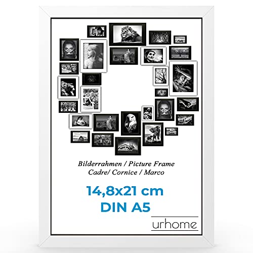 Urhome Bilderrahmen DIN A5 14,8 x 21 cm aus Abachi Holz Weiß mit Standfuß und Kunststoffscheibe - Ayous Fotorahmen für Bilder Kunstdrucke Fotos Gemälde Rahmen zum Aufstellen von Urhome