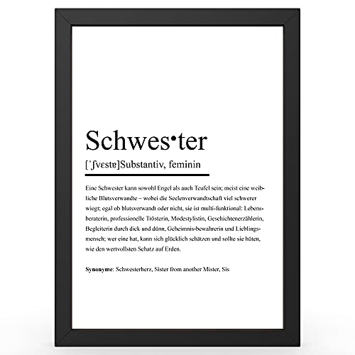 Urhome DIN A3 Kunstdruck Definition Schwester inkl. Rahmen Schwarz - Worterklärung wie im Duden Lexikon als Wanddeko Spruch-Poster Deko Wandbild mit Spruch gerahmt für Wohnung Familie Geschenk von Urhome