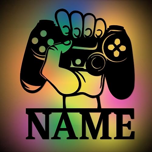 Urhome Gaming Controller Hand Stimmungslicht LED RGB Farbwechsel USB + Fernbedienung - Name personalisiert - Holz Zimmer Beleuchtung Gamer Lampe Wanddeko für Kinder Jungen Männer PC Konsole Spieler von Urhome