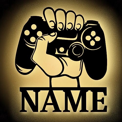 Urhome Gaming Controller Hand Stimmungslicht LED Warmweiß - Name personalisiert - Holz Zimmer Beleuchtung Gamer Licht Lampe Schild Wanddeko für Kinder Jungen Jungs Männer PC Konsole Spieler von Urhome