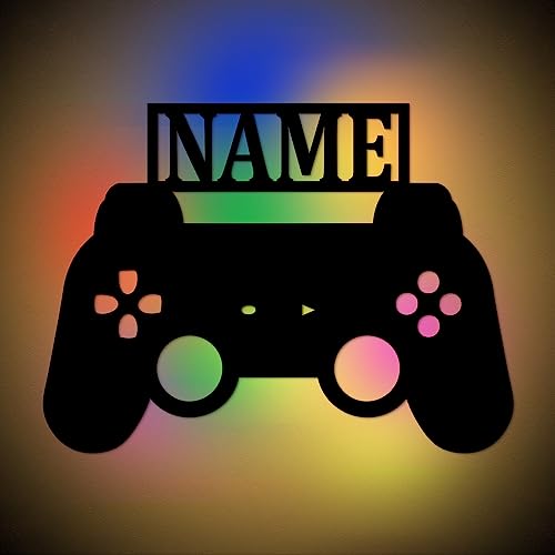 Urhome Gaming Controller Stimmungslicht LED RGB Farbwechsel USB + Fernbedienung - Name personalisiert - Holz Zimmer Beleuchtung Gamer Lampe Wanddeko für Kinder Jungen Männer PC Konsole Spieler von Urhome