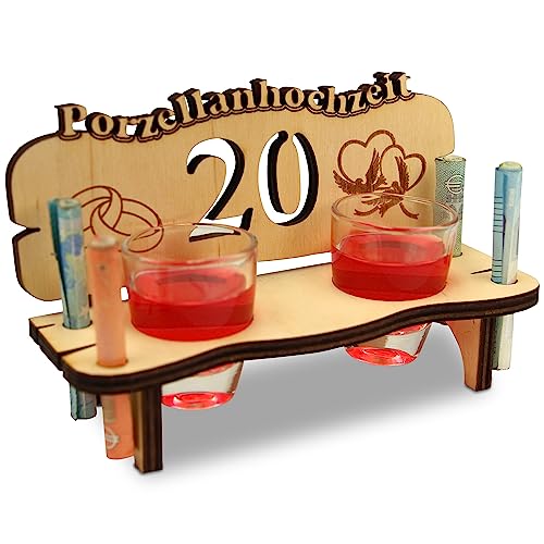 Urhome Hochzeit Schnapsbank aus Holz und 2 Schnapsgläser - 20. Hochzeitstag zur Porzellanhochzeit - Hochzeitsbank mit Gläser zum Jubiläum Jahrestag - Hochzeitsgeschenk für Brautpaar von Urhome