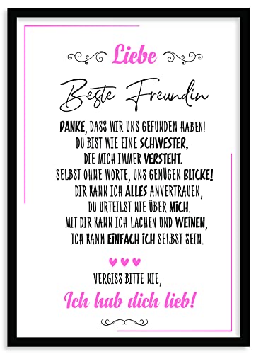 Urhome Kunstdruck Beste Freundin mit Bilderrahmen Schwarz in DIN A4 - Ich hab dich lieb Wandbild Poster Wanddeko mit Spruch für Wohnung Familie Freunde Geschenk Geburtstag von Urhome