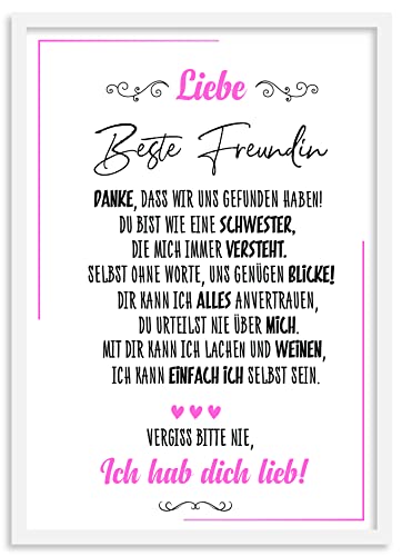 Urhome Kunstdruck Beste Freundin mit Bilderrahmen Weiß in DIN A5 - Ich hab dich lieb Wandbild Poster Wanddeko mit Spruch für Wohnung Familie Freunde Geschenk Geburtstag von Urhome