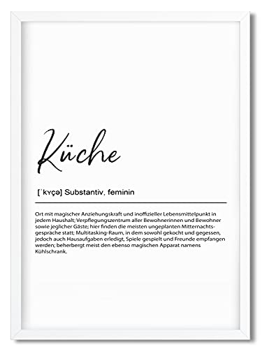 Urhome Kunstdruck Definition Küche mit Bilderrahmen Weiß in DIN A4 - Worterklärung wie im Duden Lexikon Wandbild Wanddeko mit Spruch Holz Rahmen für Wohnung Familie Freunde Geschenk von Urhome