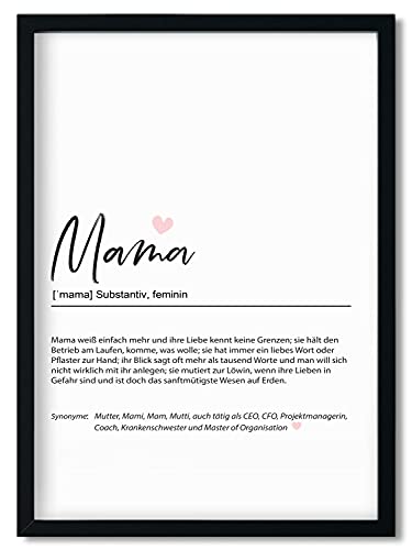 Urhome Kunstdruck Definition Mama mit Bilderrahmen Schwarz in DIN A4 - Worterklärung wie im Duden Lexikon Wandbild Wanddeko mit Spruch Holz Rahmen für Wohnung Familie Freunde Geschenk von Urhome