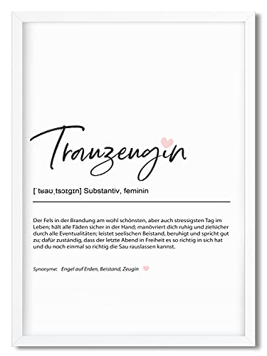 Urhome Kunstdruck Definition Trauzeugin mit Bilderrahmen Weiß in DIN A4 - Worterklärung wie im Duden Lexikon Wandbild Wanddeko mit Spruch Holz Rahmen für Wohnung Familie Freunde Geschenk von Urhome