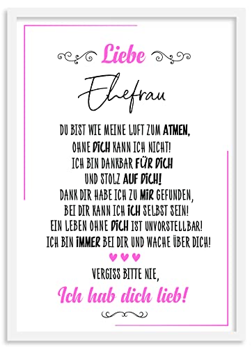 Urhome Kunstdruck Ehefrau mit Bilderrahmen Weiß in DIN A3 - Ich hab dich lieb Wandbild Poster Wanddeko mit Spruch für Wohnung Familie Freunde Geschenk Geburtstag von Urhome