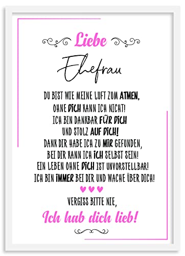Urhome Kunstdruck Ehefrau mit Bilderrahmen Weiß in DIN A4 - Ich hab dich lieb Wandbild Poster Wanddeko mit Spruch für Wohnung Familie Freunde Geschenk Geburtstag von Urhome