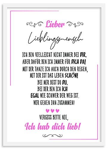 Urhome Kunstdruck Lieblingsmensch mit Bilderrahmen Weiß in DIN A5 - Ich hab dich lieb Wandbild Poster Wanddeko mit Spruch für Wohnung Familie Freunde Geschenk Geburtstag von Urhome