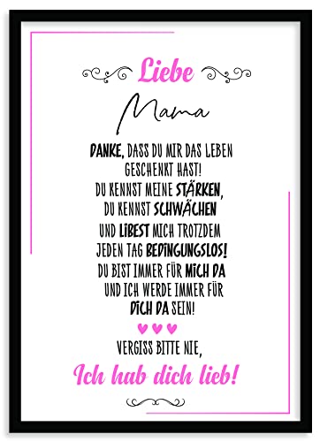 Urhome Kunstdruck Mama mit Bilderrahmen Schwarz in DIN A4 - Ich hab dich lieb Wandbild Poster Wanddeko mit Spruch für Wohnung Familie Freunde Geschenk Geburtstag von Urhome