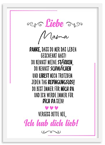 Urhome Kunstdruck Mama mit Bilderrahmen Weiß in DIN A4 - Ich hab dich lieb Wandbild Poster Wanddeko mit Spruch für Wohnung Familie Freunde Geschenk Geburtstag von Urhome