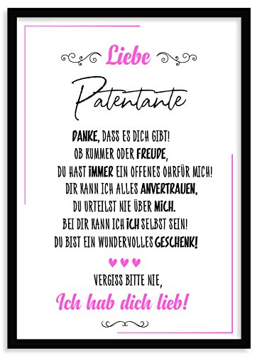Urhome Kunstdruck Patentante mit Bilderrahmen Schwarz in DIN A4 - Ich hab dich lieb Wandbild Poster Wanddeko mit Spruch für Wohnung Familie Freunde Geschenk Geburtstag von Urhome