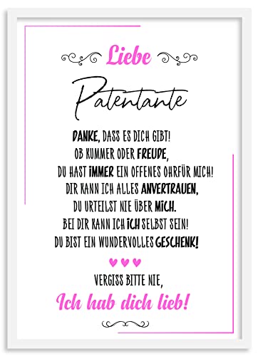 Urhome Kunstdruck Patentante mit Bilderrahmen Weiß in DIN A4 - Ich hab dich lieb Wandbild Poster Wanddeko mit Spruch für Wohnung Familie Freunde Geschenk Geburtstag von Urhome