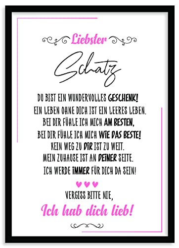 Urhome Kunstdruck Schatz mit Bilderrahmen Schwarz in DIN A3 - Ich hab dich lieb Wandbild Poster Wanddeko mit Spruch für Wohnung Familie Freunde Geschenk Geburtstag von Urhome