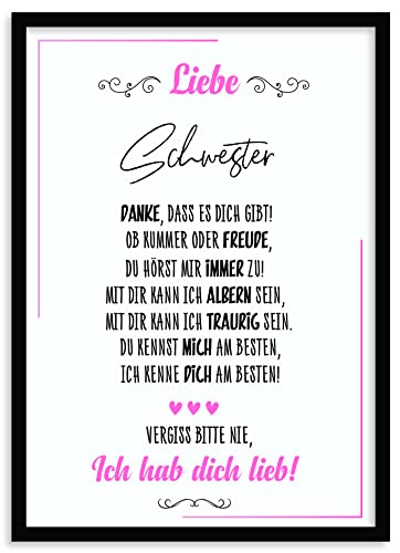 Urhome Kunstdruck Schwester mit Bilderrahmen Schwarz in DIN A5 - Ich hab dich lieb Wandbild Poster Wanddeko mit Spruch für Wohnung Familie Freunde Geschenk Geburtstag von Urhome
