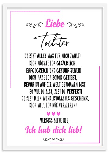 Urhome Kunstdruck Tochter mit Bilderrahmen Weiß in DIN A3 - Ich hab dich lieb Wandbild Poster Wanddeko mit Spruch für Wohnung Familie Freunde Geschenk Geburtstag von Urhome