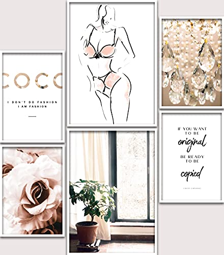 Urhome Poster Set Coco Glamour A3 Bilder für Schlafzimmer Esszimmer Wohnzimmer Deko in Holzrahmen Weiß (2x A3 + 4x A4) Kunstdruck 6 teilig Wandposter Motive Bilderwand gerahmt von Urhome