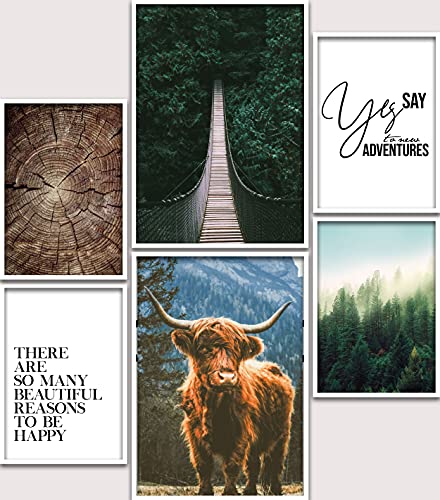 Urhome Poster Set Highlands A3 Bilder für Schlafzimmer Esszimmer Wohnzimmer Deko in Holzrahmen Weiß (2x A3 + 4x A4) Kunstdruck 6 teilig Wandposter Motive Bilderwand gerahmt von Urhome