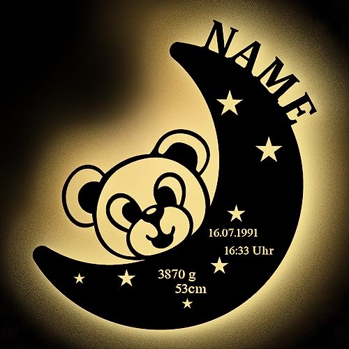 Urhome Schlummerlicht Bär mit Mond Sterne LED Warmweiß - Name Datum uvm. personalisiert - Holz Zimmer Beleuchtung Nachtlicht Wanddeko für Baby Kind Junge Mädchen zur Geburt Taufe Taufgeschenk von Urhome