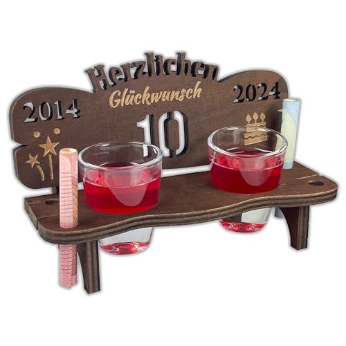 Urhome Schnapsbank mit Jahreszahl 10 Gravur zum Geburtstag, Jubiläum, Jahrestag aus Holz - 2 Schnapsgläser - 10 Jahre Dunkel Braun von Urhome