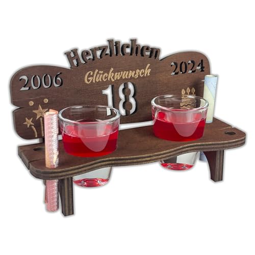 Urhome Schnapsbank mit Jahreszahl 18 Gravur zum Geburtstag, Jubiläum, Jahrestag aus Holz - 2 Schnapsgläser - 18 Jahre Dunkel Braun von Urhome