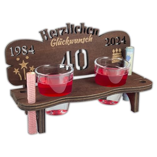 Urhome Schnapsbank mit Jahreszahl 40 Gravur zum Geburtstag, Jubiläum, Jahrestag aus Holz - 2 Schnapsgläser - 40 Jahre Dunkel Braun von Urhome