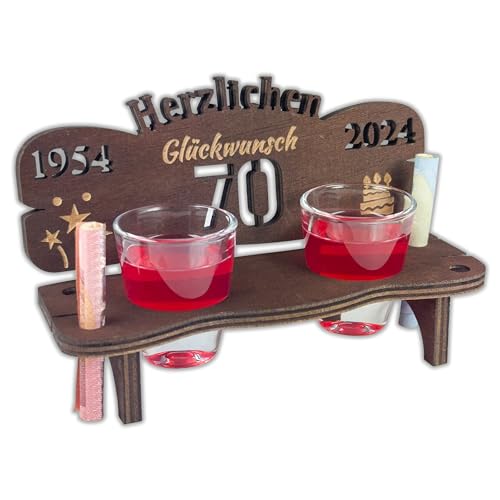 Urhome Schnapsbank mit Jahreszahl 70 Gravur zum Geburtstag, Jubiläum, Jahrestag aus Holz - 2 Schnapsgläser - 70 Jahre Dunkel Braun von Urhome