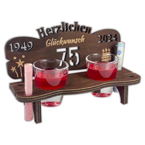 Urhome Schnapsbank mit Jahreszahl 75 Gravur zum Geburtstag, Jubiläum, Jahrestag aus Holz - 2 Schnapsgläser - 75 Jahre Dunkel Braun von Urhome