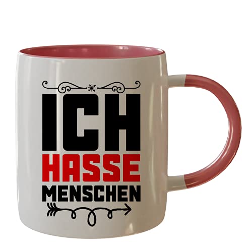 Urhome Tasse mit Spruch Ich hasse Menschen - beidseitig bedruckt - Spülmaschinenfest lustige 350ml Kaffeetasse Geschenk für Arbeit Büro Männer Frauen Freunde Kollegen Innen & Henkel Rosa Rot von Urhome