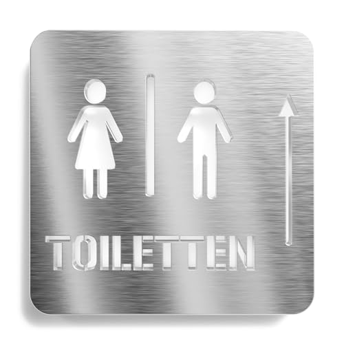 Urhome Toilette Pfeil oben Hinweisschild aus V2A Edelstahl - Laserschnitt Gravur Türschild - Schild für Wand Tür - Herren Damen Toilette WC geradeaus Infoschild für Innen Außen von Urhome