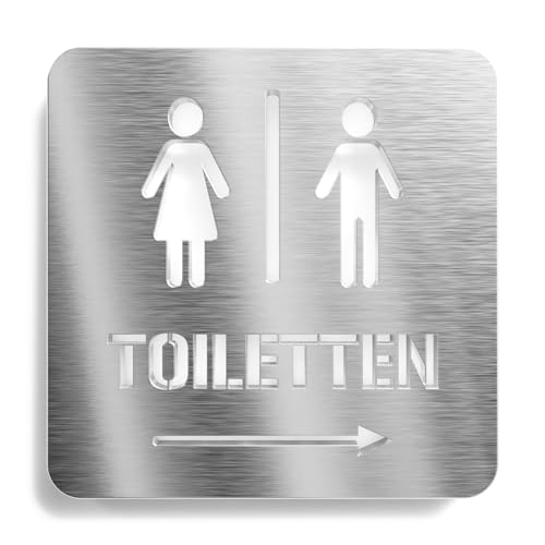 Urhome Toilette Pfeil rechts Hinweisschild aus V2A Edelstahl - Laserschnitt Gravur Türschild - Schild für Wand Tür - Herren Damen Toilette WC Infoschild für Innen Außen von Urhome
