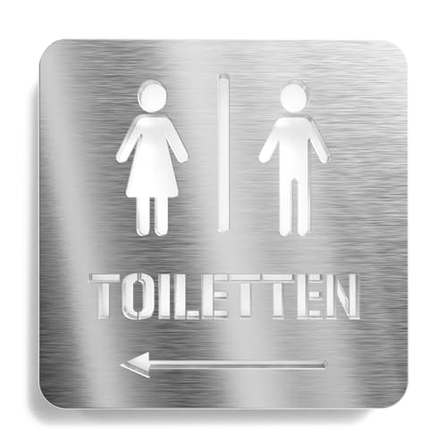 Urhome Toilette nach links Hinweisschild aus V2A Edelstahl - Laserschnitt Gravur Türschild - Schild für Wand Tür - Herren Damen Toilette Pfeil links WC Infoschild für Innen und Außen von Urhome