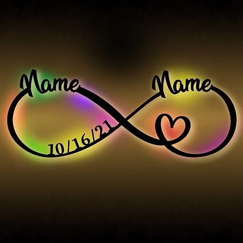 Urhome Unendlichkeitszeichen mit Herz Holz LED Warmweiß Stimmungslicht - Name Paar Datum personalisiert - Schlummerlicht Nachtlicht Liebes-Geschenk Wandleuchte für Braut zur Verlobung Hochzeitstag von Urhome