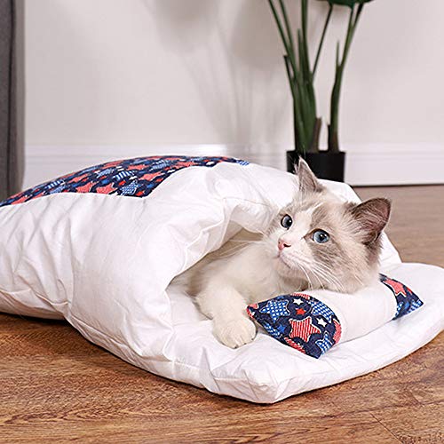 Urijk Katzenschlafsack Flauschig Kuschelbett geschlossen Katze Schlafsack Warm Katzenbett Kuschelhöhle japanische Tierbett abnehmbar Schlafplatz für Katzen Klein Haustier(Navy blau，M) von Urijk