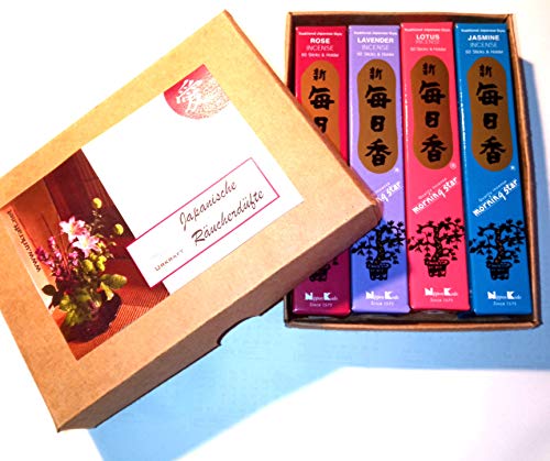 URKRAFT - Geschenkset 4 Packungen Morning Star japanische Räucherstäbchen mit Thema »Blumendüfte« (Rose, Lavendel, Lotus und Jasmin) in Box von Urkraft