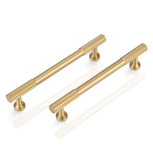 Urnew Schrankgriffe aus massivem Messing, 128 mm Lochmitte, moderne goldfarbene Kommodengriffe, Möbelbeschläge für Küchenschränke, Schranktürgriffe, Messing, gebürstete Oberfläche, 2 Stück Urnew Schrankgriffe aus massivem Messing, 128 mm Lochmitte, moderne goldfarbene Kommodengriffe, Möbelbeschläge für Küchenschränke, Schranktürgriffe, Messing, gebürstete Oberfläche, 2 Stück von Urnew