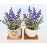 Künstliche Lavendel-Pflanze in Handgefertigtem Betontopf Mit Holztablett - Künstliche Lavendel Schwebende Regaldekoration, Küchentheken-Deko von UrsinasDecoShop