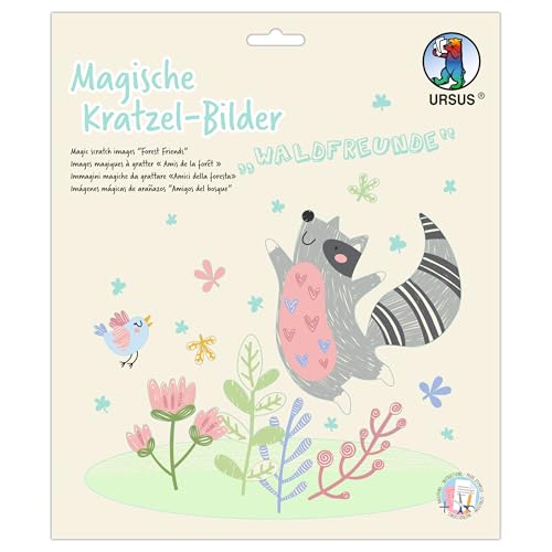 Ursus 2456 00 03F - Magische Kratzbilder "Waldfreunde", 4 Motive, 21 x 21 cm, mit Bambus Stift und Bastelanleitung, DIY Set zum Freikratzen, Kreatives Bastelset von Ursus