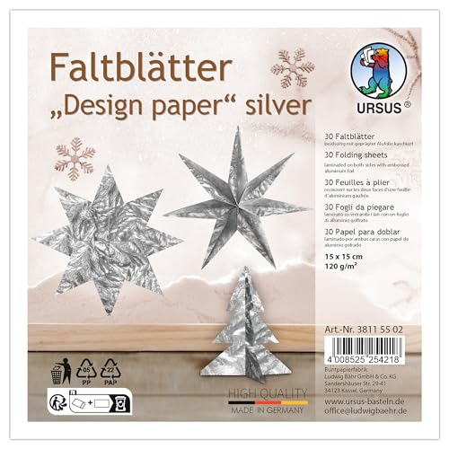 Ursus 3811 55 02 - Faltblätter „Designpapier“ Silber, 30 Stück, 15 x 15 cm, 120 g/m², beidseititg kaschiert mit geprägter Alufolie, Bastelpapier für Origami, Falten & Deko von Ursus