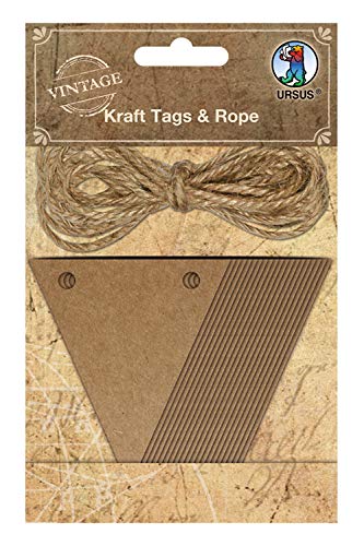 Ursus 40650005 - Kraft Tags & Rope, Wimpelkette aus Kraftpapier, 20 Wimpel, ca. 6,5 x 7,5 cm, mit 4,5 m Jutegarn, individuell gestaltbare Wimpelkette als Dekoration für jeden Anlass von Ursus