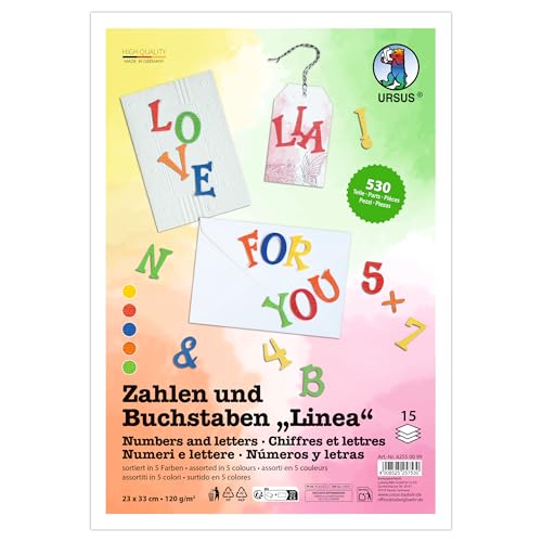 Ursus 6255 00 99 - Zahlen und Buchstaben Linea, 530 Stanzteile aus Papier 120 g/m² in 5 Farben, ca. 1-3 cm hoch, für Scrapbooking, Kartengestaltung und zur Dekoration von Ursus