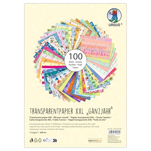 Ursus 7756 46 99 - Transparentpapier XXL "Ganzjahr", 100 Blatt DIN A4, 115 g/m², 50 Motive sortiert, einseitig bedruckt, Bastelpapier für Fensterbilder, Laternen & Deko Ursus 7756 46 99 - Transparentpapier XXL "Ganzjahr", 100 Blatt DIN A4, 115 g/m², 50 Motive sortiert, einseitig bedruckt, Bastelpapier für Fensterbilder, Laternen & Deko von Ursus