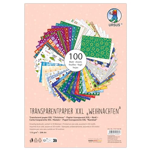 Ursus 7757 46 99 - Transparentpapier XXL "Weihnachten", 100 Blatt DIN A4, 115 g/m², 50 Motive sortiert, einseitig bedruckt, Bastelpapier für Fensterbilder, Laternen & Deko Ursus 7757 46 99 - Transparentpapier XXL "Weihnachten", 100 Blatt DIN A4, 115 g/m², 50 Motive sortiert, einseitig bedruckt, Bastelpapier für Fensterbilder, Laternen & Deko von Ursus