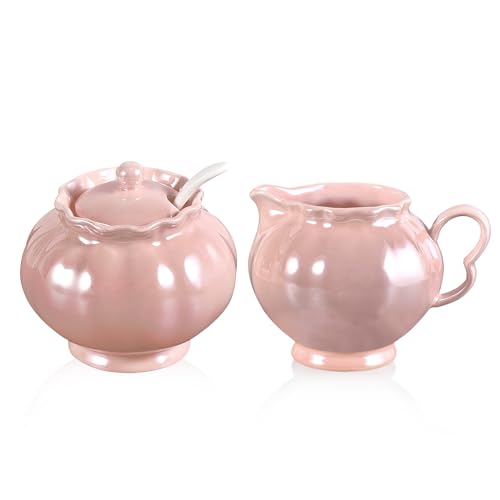 Zuckerdose und Sahnekännchen-Set, Perlglanz-glasiertes Porzellan, Zuckerspender und Milchkännchen-Behälter-Set für Kaffeebar, Tee, Milch und jede Arbeitsplatte, Rosa, 3-teilig von Ursword