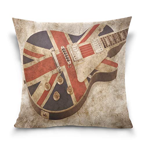 Use7 Dekorativer Kissenbezug, quadratisch, Vintage-Stil, stilvolle Gitarre, Musik, Union Jack, britische Flagge, Sofa, Bett, Kissenbezug (40 x 40 cm), beidseitig von Use7