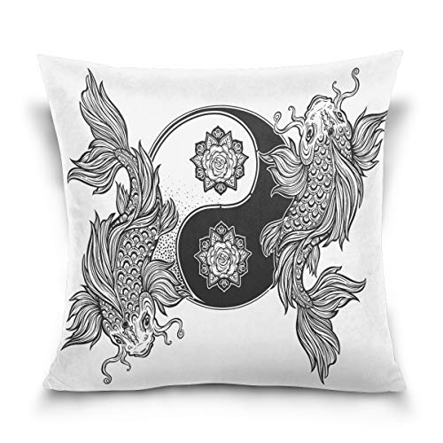 Use7 Dekorativer Kissenbezug, quadratischer Kissenbezug, asiatischer Yin-Yang-Koi-Karpfen, Fischkunst, Sofa, Bett, Kissenbezug (40 x 40 cm), beidseitig von Use7