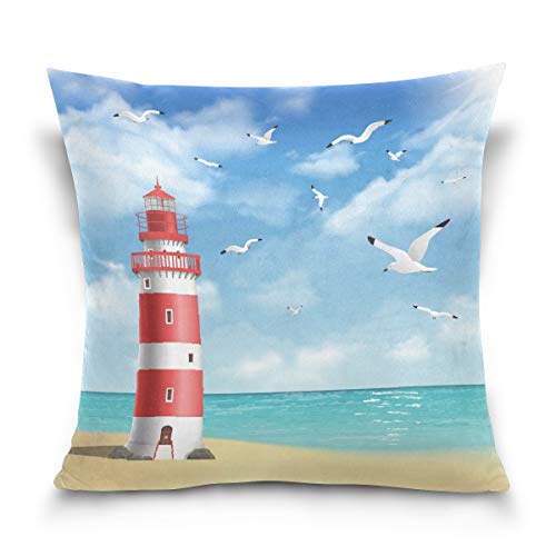 Use7 Kissenbezug, dekorativer Kissenbezug, quadratisch, Ölgemälde, Leuchtturm, Vogel, Ozean, Strand, Sofa, Bett, Kissenbezug, 2 Seiten, Textil, mehrfarbig, 40 x 40cm/18 x 18 Inches von Use7