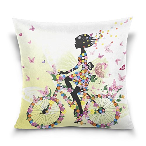 Use7 Kissenbezug, dekorativer Kissenbezug, quadratisch, Romantisches Mädchen auf Fahrrad, Blume, Schmetterling, Sofa, Bett, Kissenbezug, 2 Seiten, Textil, Mehrfarbig, 40 x 40cm/16 x 16 Inches von Use7